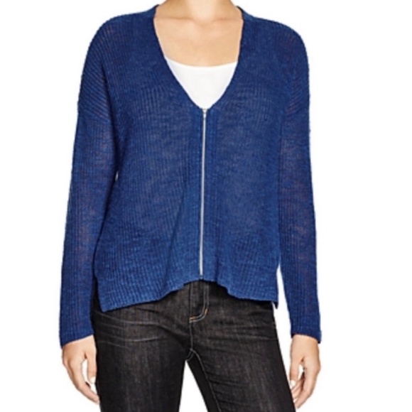 Eileen Fisher Organic Linen Full Zip Cardigan L Blue Minimalist Classic Coastal - Picture 1 of 11